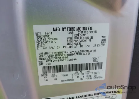 2014 Ford F-150 Fx4 z USA, uszkodzony, nr VIN 1FTFW1EF9EFC08796